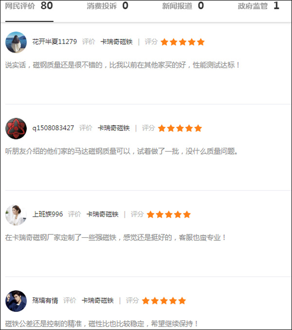 客户对beat365在线唯一官网生产厂家的磁铁品质评价